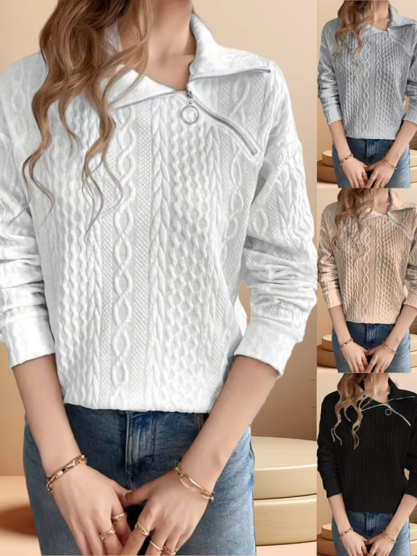 Пуловер суитшърт в каре с лацкан яка, дълги ръкави, полиестер-еластанова смес, свободна кройка