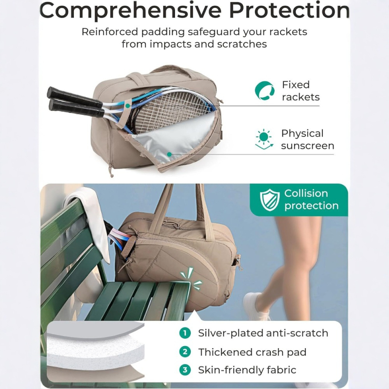 Taslan teniso ir badminton krepšys, kviltiškai siūtas, pečių krepšys su sulankstomu batų skyriumi ir raketės dėkliuku