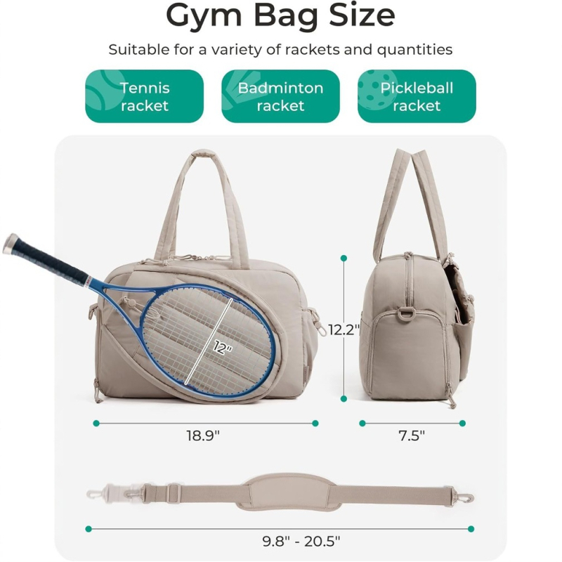 Taslan teniso ir badminton krepšys, kviltiškai siūtas, pečių krepšys su sulankstomu batų skyriumi ir raketės dėkliuku