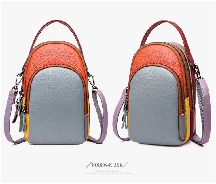 Ženska crossbody torba od prave kože, kontrastni dizajn (Prava koža; Poliester podstava; Uspravni kvadratni oblik; Zip; džepovi za telefon i karticu identiteta)