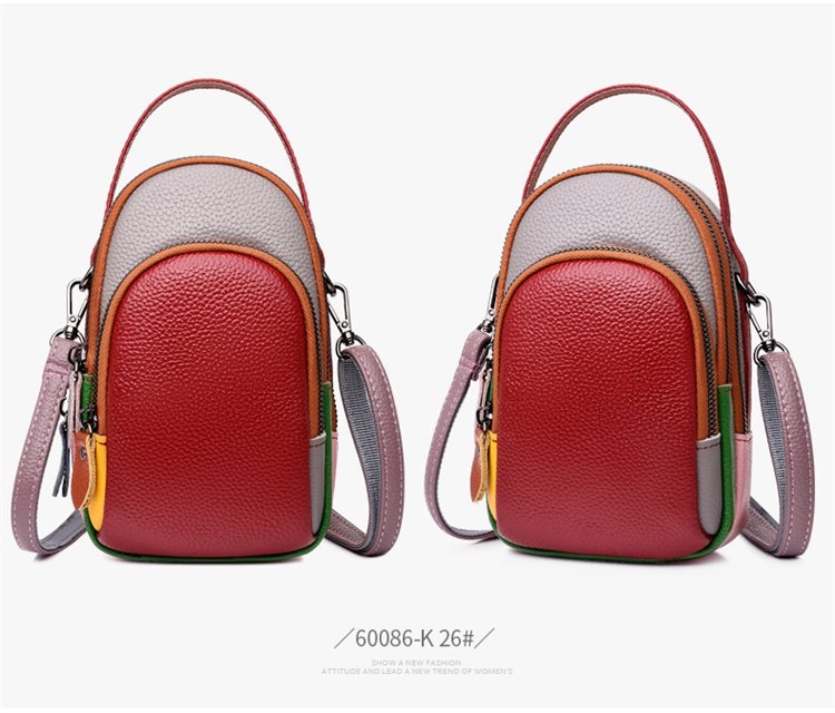Ženska crossbody torba od prave kože, kontrastni dizajn (Prava koža; Poliester podstava; Uspravni kvadratni oblik; Zip; džepovi za telefon i karticu identiteta)