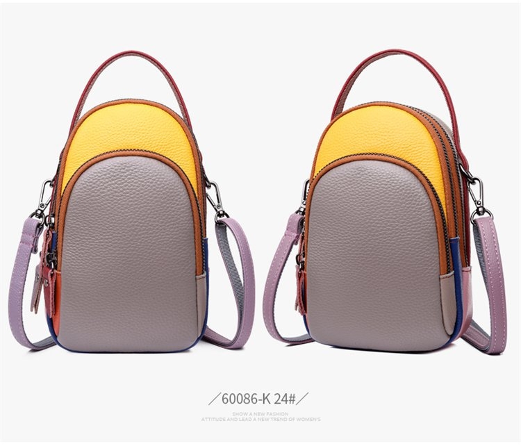 Ženska crossbody torba od prave kože, kontrastni dizajn (Prava koža; Poliester podstava; Uspravni kvadratni oblik; Zip; džepovi za telefon i karticu identiteta)