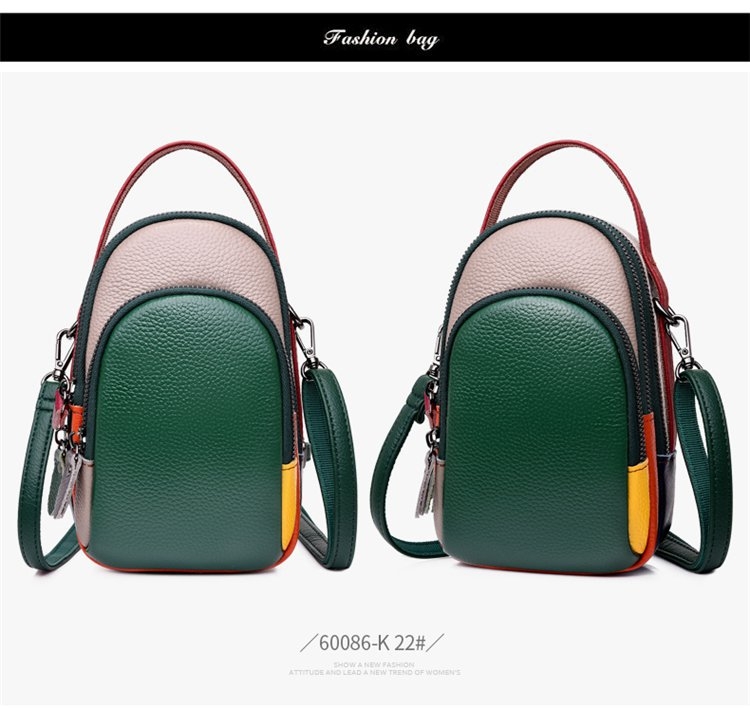 Ženska crossbody torba od prave kože, kontrastni dizajn (Prava koža; Poliester podstava; Uspravni kvadratni oblik; Zip; džepovi za telefon i karticu identiteta)