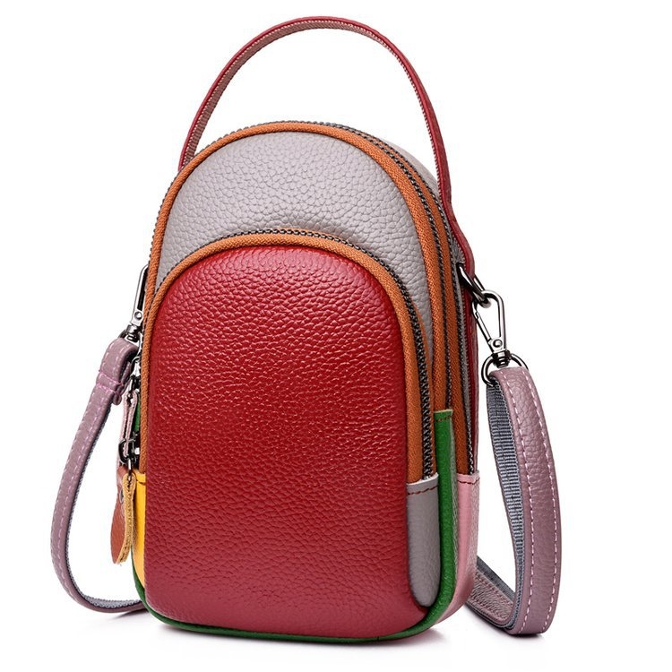 Ženska crossbody torba od prave kože, kontrastni dizajn (Prava koža; Poliester podstava; Uspravni kvadratni oblik; Zip; džepovi za telefon i karticu identiteta)