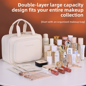 Козметична чанта с голям капацитет, PU материал, унисекс, принт с буквен дизайн, водоустойчива подплата