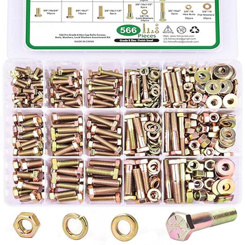 566 kusov v krabici: vonkajšie šesťuholníkové skrutky s podložkami, maticami a skrutkami podľa britsko-amerického štandardu, zliatinová oceľ; použitie: mechanika, nábytok, opravy áut a motocyklov a DIY projekty; štandard: britsko-americký; trieda: 8; značk