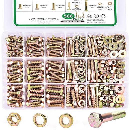 566 kusov v krabici: vonkajšie šesťuholníkové skrutky s podložkami, maticami a skrutkami podľa britsko-amerického štandardu, zliatinová oceľ; použitie: mechanika, nábytok, opravy áut a motocyklov a DIY projekty; štandard: britsko-americký; trieda: 8; značk