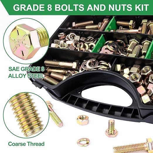 566 kusov v krabici: vonkajšie šesťuholníkové skrutky s podložkami, maticami a skrutkami podľa britsko-amerického štandardu, zliatinová oceľ; použitie: mechanika, nábytok, opravy áut a motocyklov a DIY projekty; štandard: britsko-americký; trieda: 8; značk