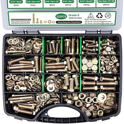 566 kusov v krabici: vonkajšie šesťuholníkové skrutky s podložkami, maticami a skrutkami podľa britsko-amerického štandardu, zliatinová oceľ; použitie: mechanika, nábytok, opravy áut a motocyklov a DIY projekty; štandard: britsko-americký; trieda: 8; značk