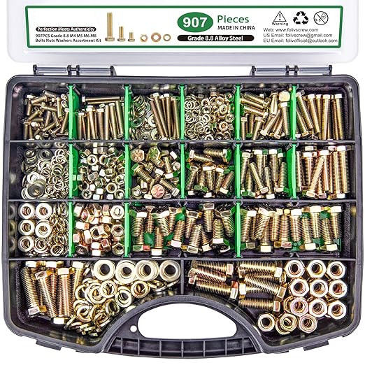 566 kusov v krabici: vonkajšie šesťuholníkové skrutky s podložkami, maticami a skrutkami podľa britsko-amerického štandardu, zliatinová oceľ; použitie: mechanika, nábytok, opravy áut a motocyklov a DIY projekty; štandard: britsko-americký; trieda: 8; značk