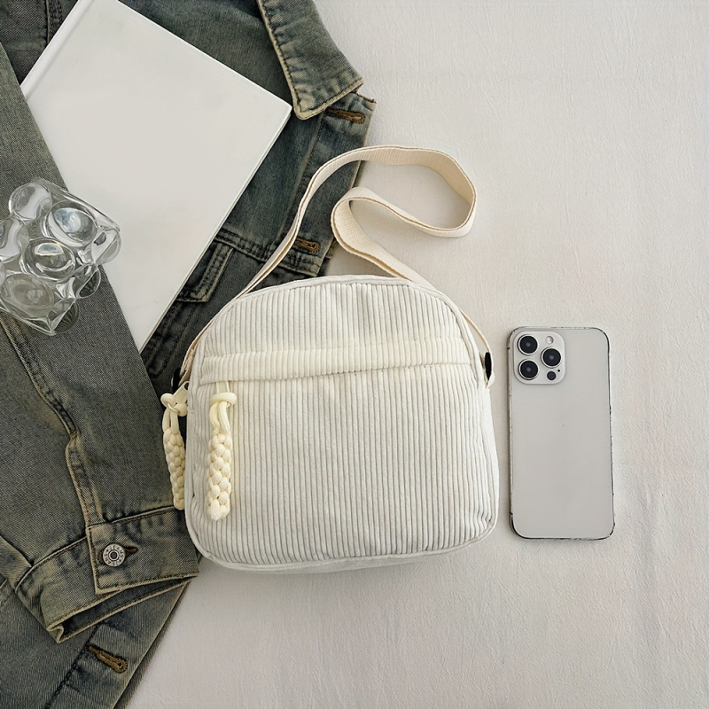 Corduroy válltáska egy vállra, kerek alak, cipzár, poliészter bélés