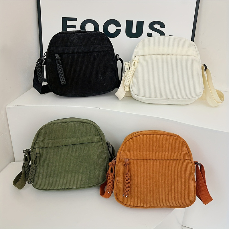 Corduroy válltáska egy vállra, kerek alak, cipzár, poliészter bélés