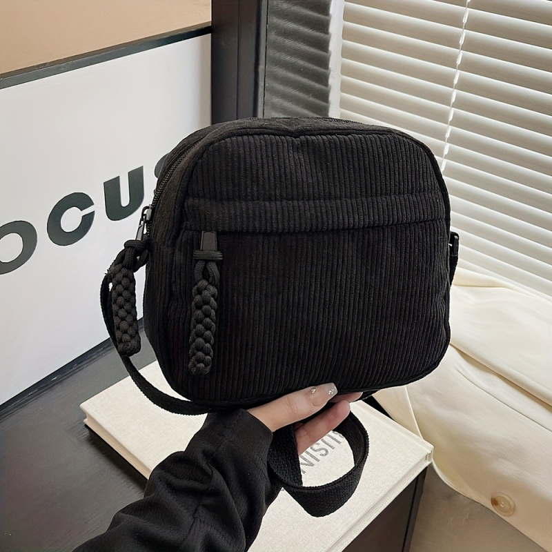 Corduroy válltáska egy vállra, kerek alak, cipzár, poliészter bélés