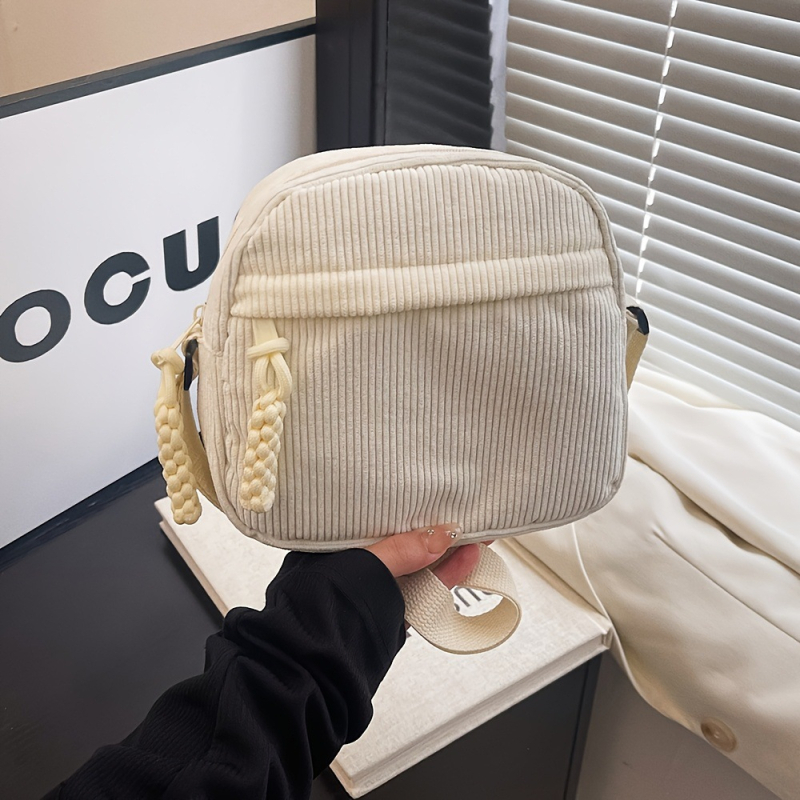 Corduroy válltáska egy vállra, kerek alak, cipzár, poliészter bélés