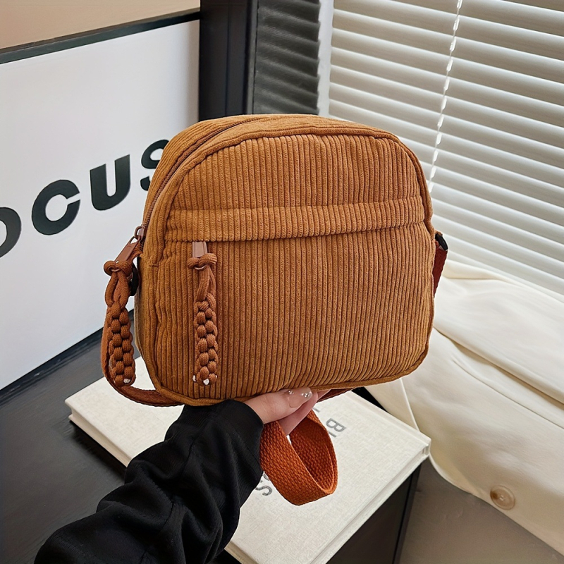 Corduroy válltáska egy vállra, kerek alak, cipzár, poliészter bélés