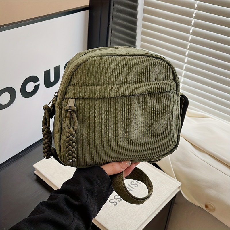 Corduroy válltáska egy vállra, kerek alak, cipzár, poliészter bélés