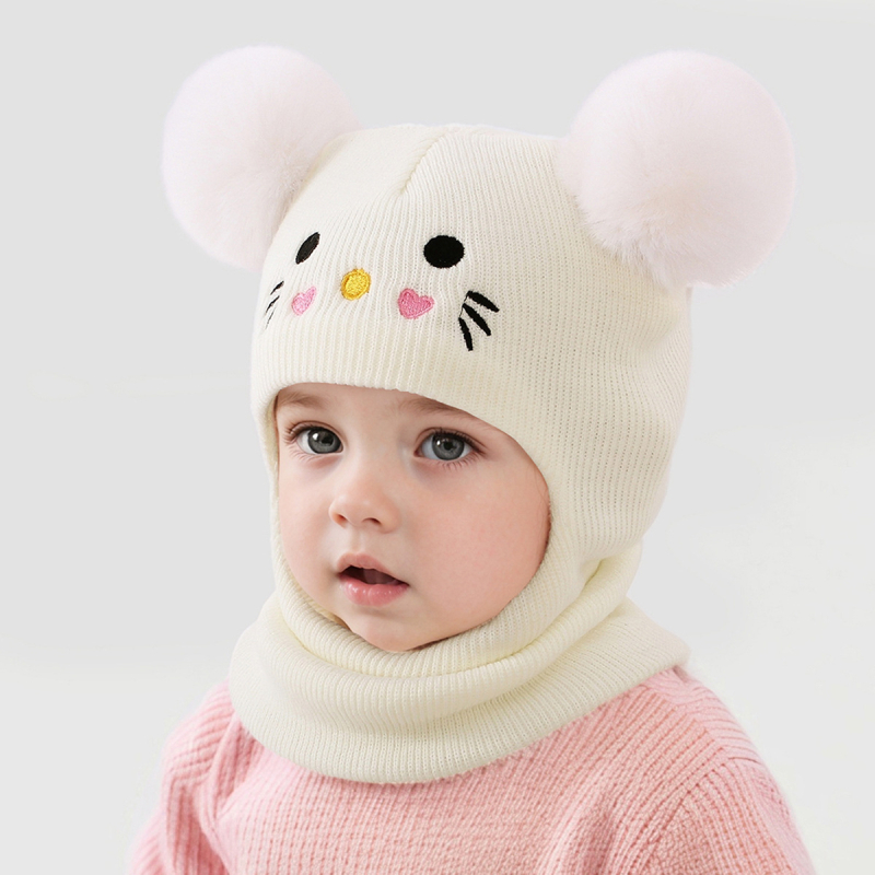 Капюшон - Бродирана котешка картина върху плетена топла зимна шапка за бебета, акрилово влакно >96%, жакардов трикотаж, за възрасти 6–12 месеца до 4–6 години