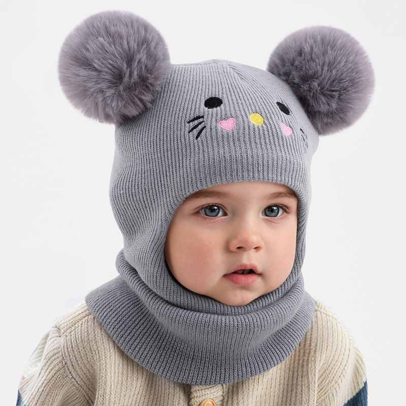 Капюшон - Бродирана котешка картина върху плетена топла зимна шапка за бебета, акрилово влакно >96%, жакардов трикотаж, за възрасти 6–12 месеца до 4–6 години