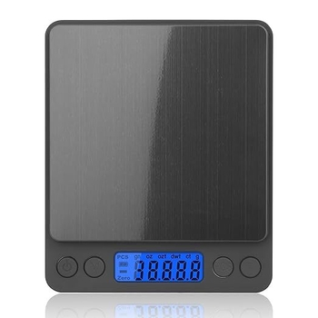 Skaitmeninės kišeninės svarstyklės, tikslumas 0.01 g, talpa 500 g / 3 kg, matmenys 12.8×10.6×1.8 cm, maitinimas 2× AAA baterijos