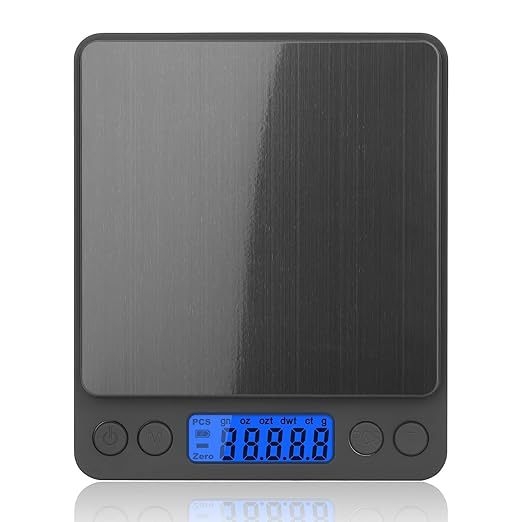 Skaitmeninės kišeninės svarstyklės, tikslumas 0.01 g, talpa 500 g / 3 kg, matmenys 12.8×10.6×1.8 cm, maitinimas 2× AAA baterijos