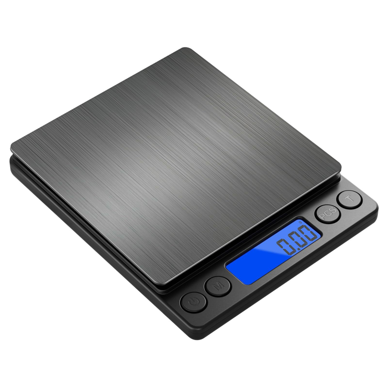 Skaitmeninės kišeninės svarstyklės, tikslumas 0.01 g, talpa 500 g / 3 kg, matmenys 12.8×10.6×1.8 cm, maitinimas 2× AAA baterijos