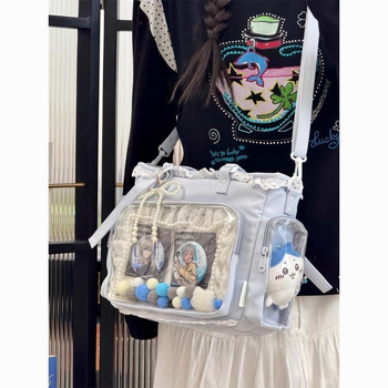 Японски стил прозрачна Tote чанта за аниме конвенции и ежедневна употреба, кибер-функционален стил, полиестер, подплата от найлон, цип за затваряне, подходяща за свободно пътуване