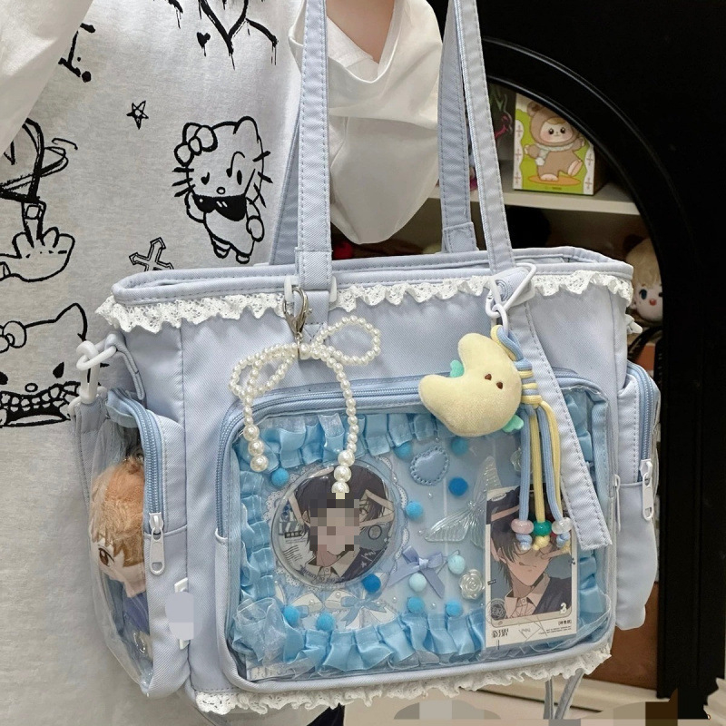 Японски стил прозрачна Tote чанта за аниме конвенции и ежедневна употреба, кибер-функционален стил, полиестер, подплата от найлон, цип за затваряне, подходяща за свободно пътуване