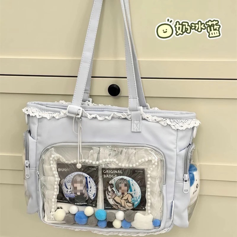 Японски стил прозрачна Tote чанта за аниме конвенции и ежедневна употреба, кибер-функционален стил, полиестер, подплата от найлон, цип за затваряне, подходяща за свободно пътуване