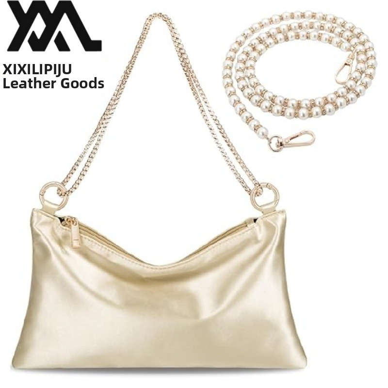 Βραδινή τσάντα με αλυσίδα από μαργαριάρια — ορθογώνιο σχήμα, PU υλικό, φερμουάρ, εσωτερική θήκη για κινητό