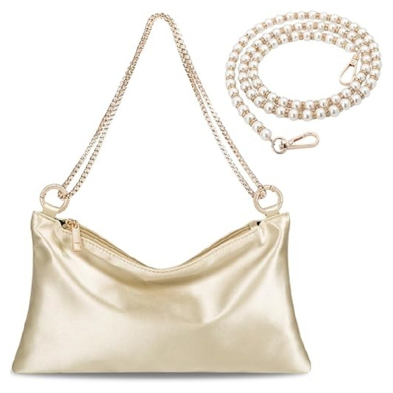 Βραδινή τσάντα με αλυσίδα από μαργαριάρια — ορθογώνιο σχήμα, PU υλικό, φερμουάρ, εσωτερική θήκη για κινητό