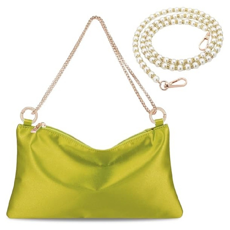 Βραδινή τσάντα με αλυσίδα από μαργαριάρια — ορθογώνιο σχήμα, PU υλικό, φερμουάρ, εσωτερική θήκη για κινητό