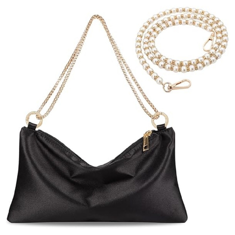 Βραδινή τσάντα με αλυσίδα από μαργαριάρια — ορθογώνιο σχήμα, PU υλικό, φερμουάρ, εσωτερική θήκη για κινητό