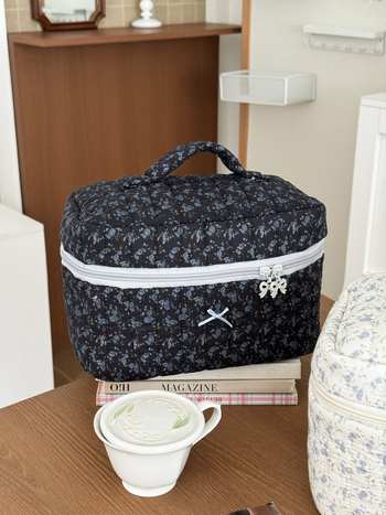 Козметична чанта от памук с флорална шарка, подплата от полиестер, дишаща, супер лека