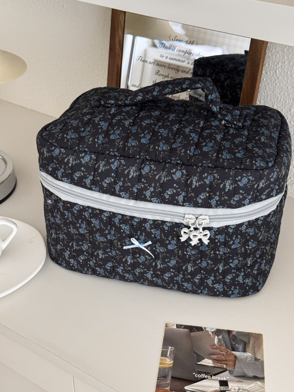 Virágmintás pamut kozmetikai táska, poliészter bélés, lélegző, ultra könnyű