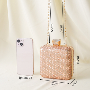 Γυναικεία βραδινή τσάντα με τετράγωνο σχήμα και διακοσμητικά διαμάντια, ώμου τσάντα με θήκη για κινητό και κλείσιμο με λουκέτο