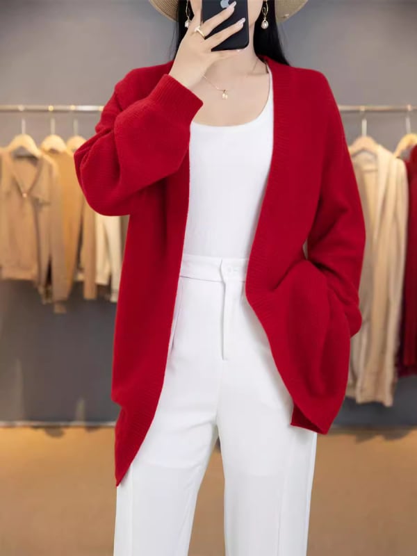 Cardigan din lână, croială lejeră, lung, fără guler, mâneci lungi, tricotat
