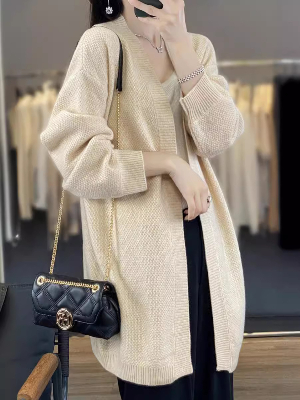 Vilnonis kardiganas, laisvas siluetas, ilgas modelis, be apykaklės, ilgos rankovės, megztinis