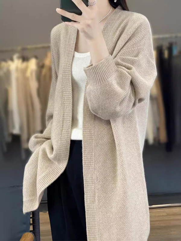 Vilnonis kardiganas, laisvas siluetas, ilgas modelis, be apykaklės, ilgos rankovės, megztinis
