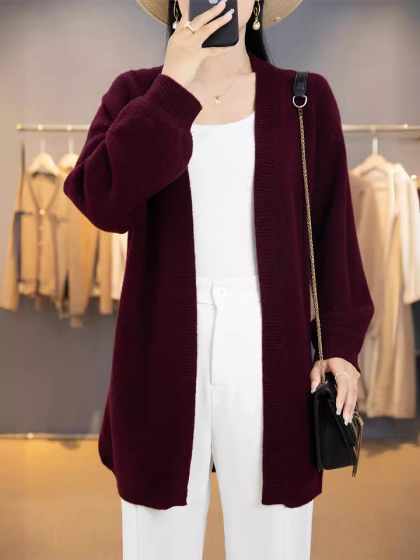 Vilnonis kardiganas, laisvas siluetas, ilgas modelis, be apykaklės, ilgos rankovės, megztinis