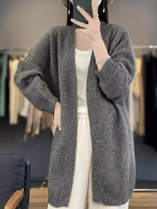 Vilnonis kardiganas, laisvas siluetas, ilgas modelis, be apykaklės, ilgos rankovės, megztinis