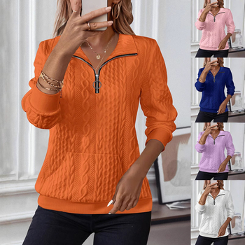 Ženski pulover-sweatshirt s V-izrezom, dugim rukavima, jednobojan, poliestersko-elastanska mješavina, duljina 50–65 cm