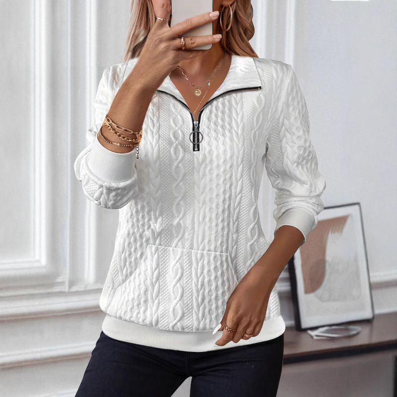 Ženski pulover-sweatshirt s V-izrezom, dugim rukavima, jednobojan, poliestersko-elastanska mješavina, duljina 50–65 cm