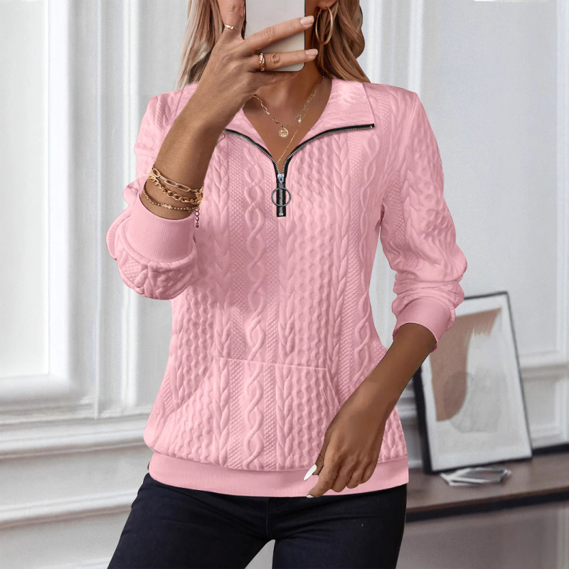 Ženski pulover-sweatshirt s V-izrezom, dugim rukavima, jednobojan, poliestersko-elastanska mješavina, duljina 50–65 cm