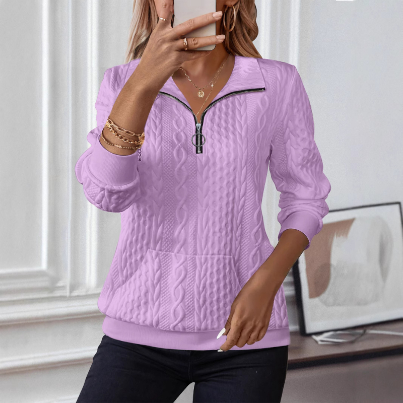 Ženski pulover-sweatshirt s V-izrezom, dugim rukavima, jednobojan, poliestersko-elastanska mješavina, duljina 50–65 cm