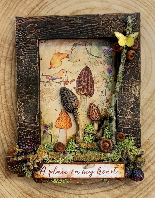 DIY sablon üdvözlőkártya és scrapbook készítéséhez, gomba keret és levél dizájnal, friss és édes stílus