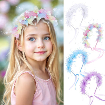 Dječji dodatak za kosu: cvjetni vijenci na traci, ručno izrađeno od tkanine.