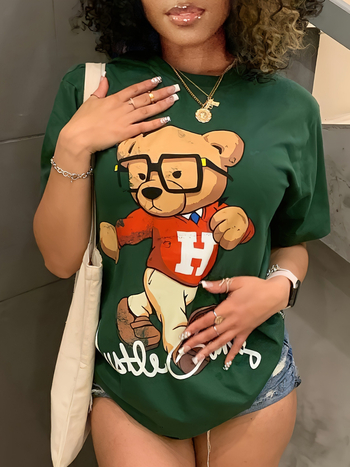 Μπλούζα T-shirt με εκτύπωση με κινούμενα σχέδια, ύφασμα μιμούμενο βαμβάκι (πολυεστέρας ≥95%, σπαντέξ ≤30%), στρογγυλός λαιμός, κοντά μανίκια, στυλ πουλόβερ