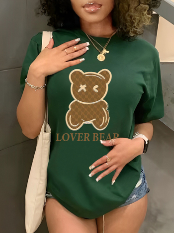 Μπλούζα T-shirt με εκτύπωση με κινούμενα σχέδια, ύφασμα μιμούμενο βαμβάκι (πολυεστέρας ≥95%, σπαντέξ ≤30%), στρογγυλός λαιμός, κοντά μανίκια, στυλ πουλόβερ