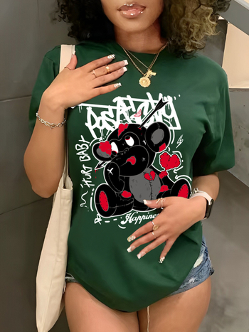 Μπλούζα T-shirt με εκτύπωση με κινούμενα σχέδια, ύφασμα μιμούμενο βαμβάκι (πολυεστέρας ≥95%, σπαντέξ ≤30%), στρογγυλός λαιμός, κοντά μανίκια, στυλ πουλόβερ