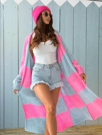 женски плетен кардиган пуловер, дълъг свободен силует, V-образно деколте, кариран модел, смес памук и полиестер